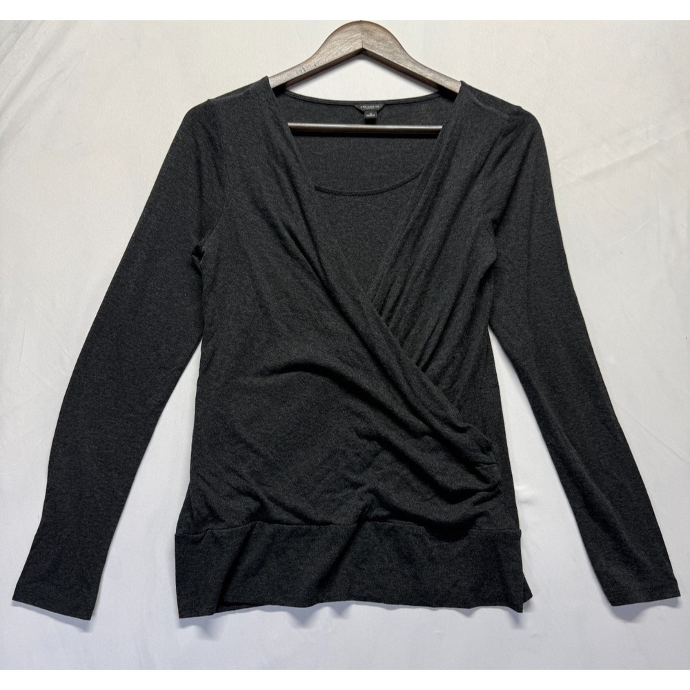 Ann‎ Taylor Metallic Shirred Wrap Top Womens Small Dark Gray Rayon Ruched V Neck